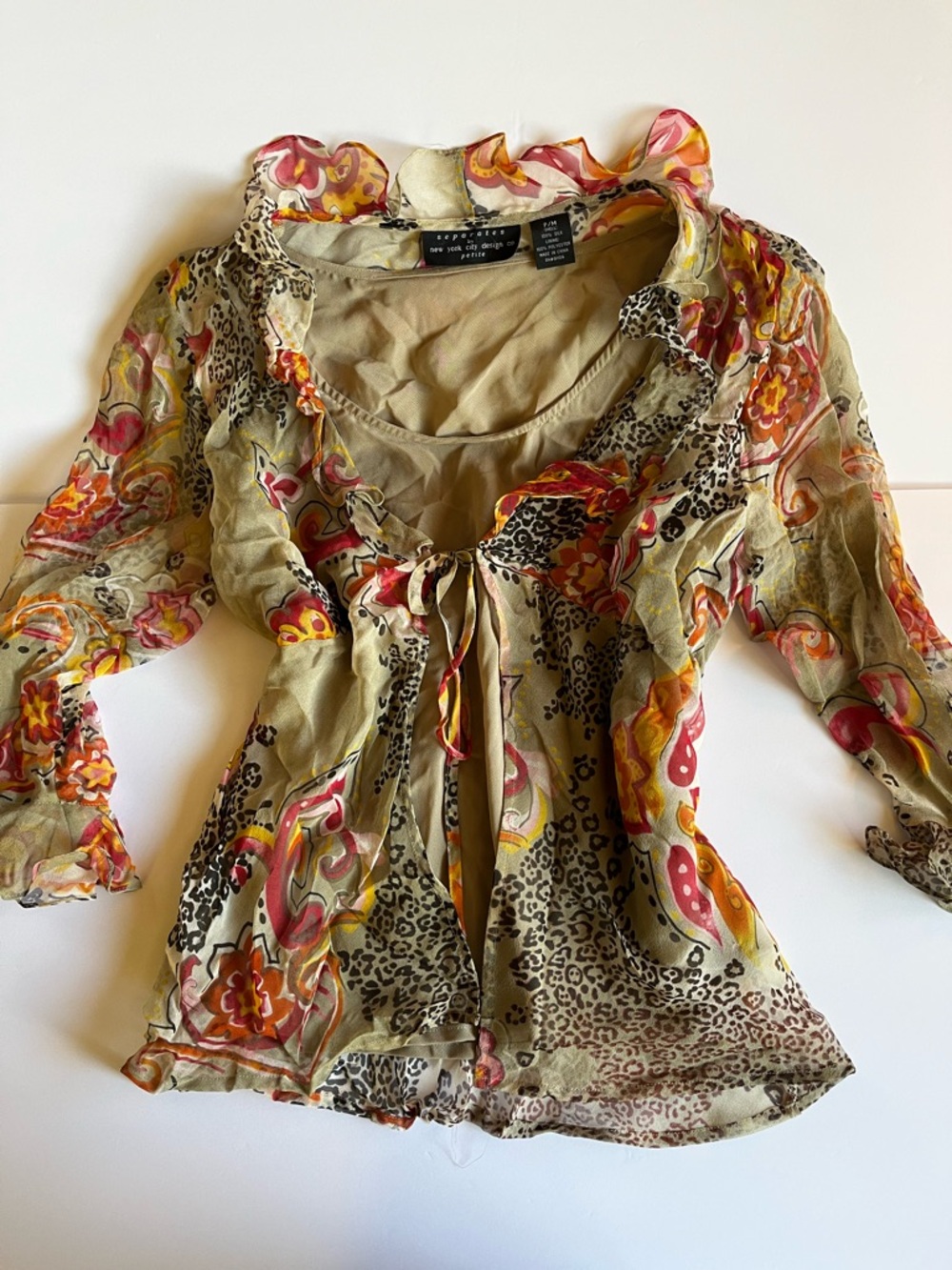 Silk Sheer Floral-Print Tie-Front Blouse - Olive/Multicolor y2k 90s ruffle boho